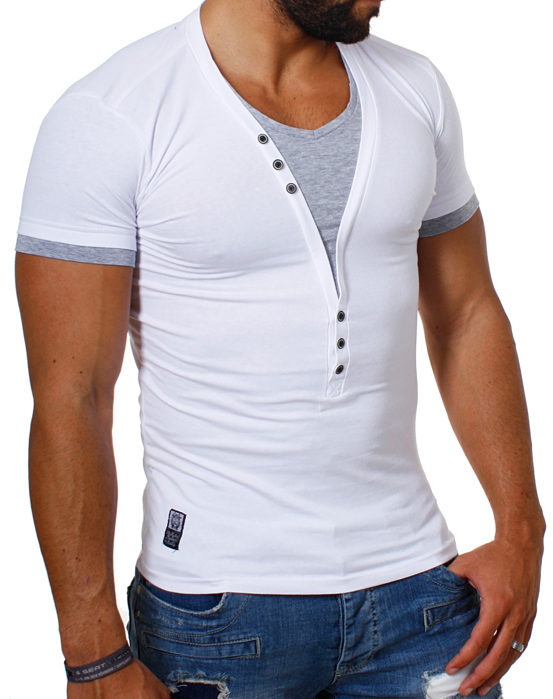 Carisma 2in1 double TShirt Kontrast Knöpfe tiefer VAusschnitt slimfit Herren eBay