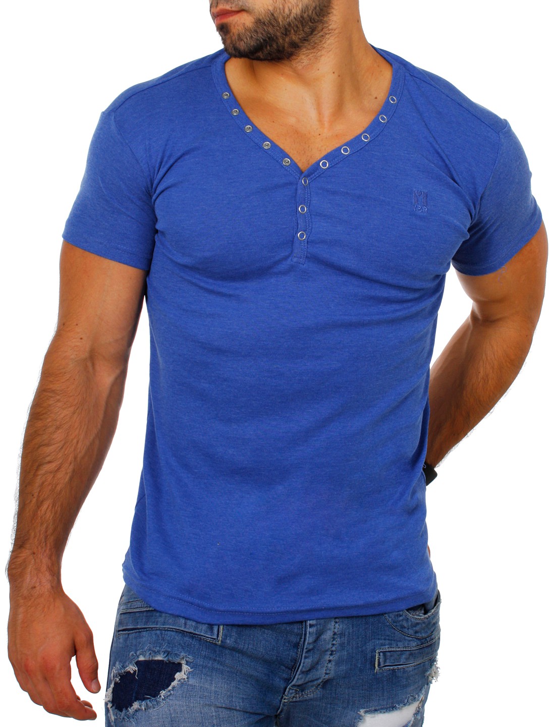 Young & Rich Herren feinripp TShirt mit Knopfleiste tiefer VAusschnitt slimfit eBay