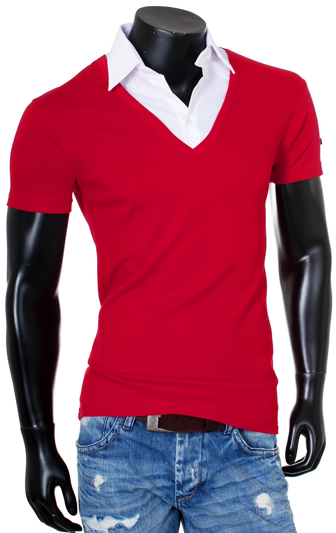 Rerock Herren 2in1 Uni TShirt mit Hemd Kragen tiefer VAusschnitt slimfit 1015 eBay