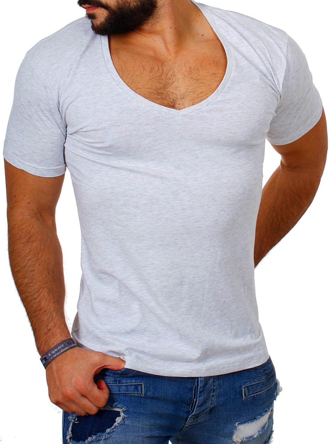 Young & Rich Herren T-Shirt extra tiefer V-Ausschnitt slimfit stretch