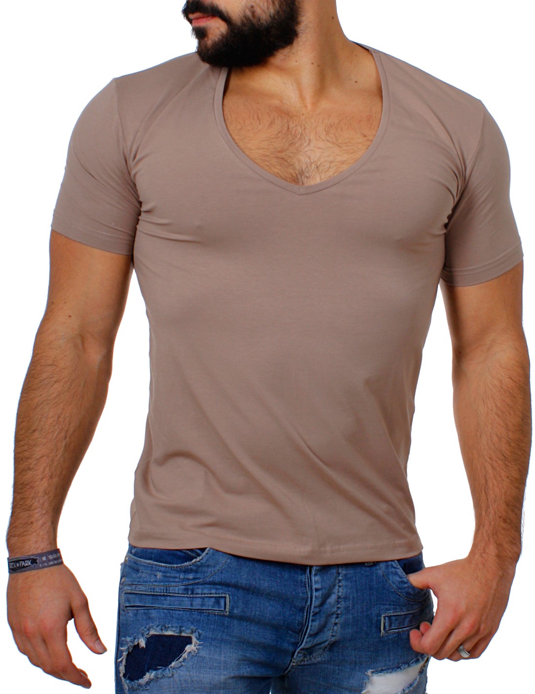 Young & Rich Herren T-Shirt extra tiefer V-Ausschnitt slimfit stretch